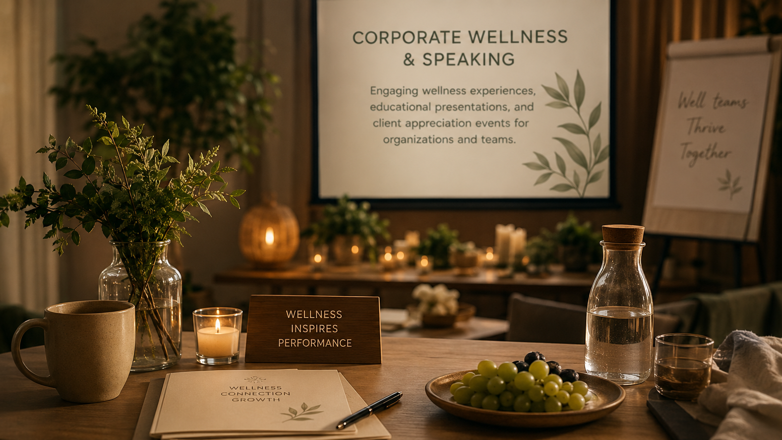 Setting with a table with a mug, notebook, and plate of grapes, with a 'Corporate Wellness & Speaking' sign in the background.