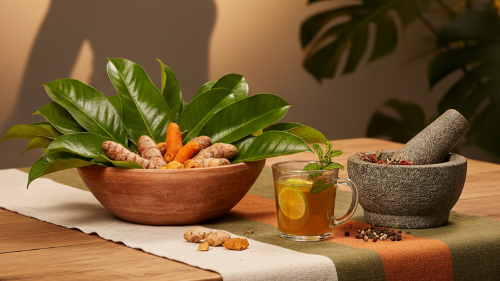 Table setting with a bowl of vegetables, a glass of tea, and a mortar and pestle with a plant and person's silhouette in the background.