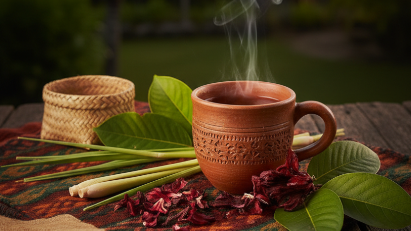 Steaming terracotta mug on a wooden table with greenery in the background