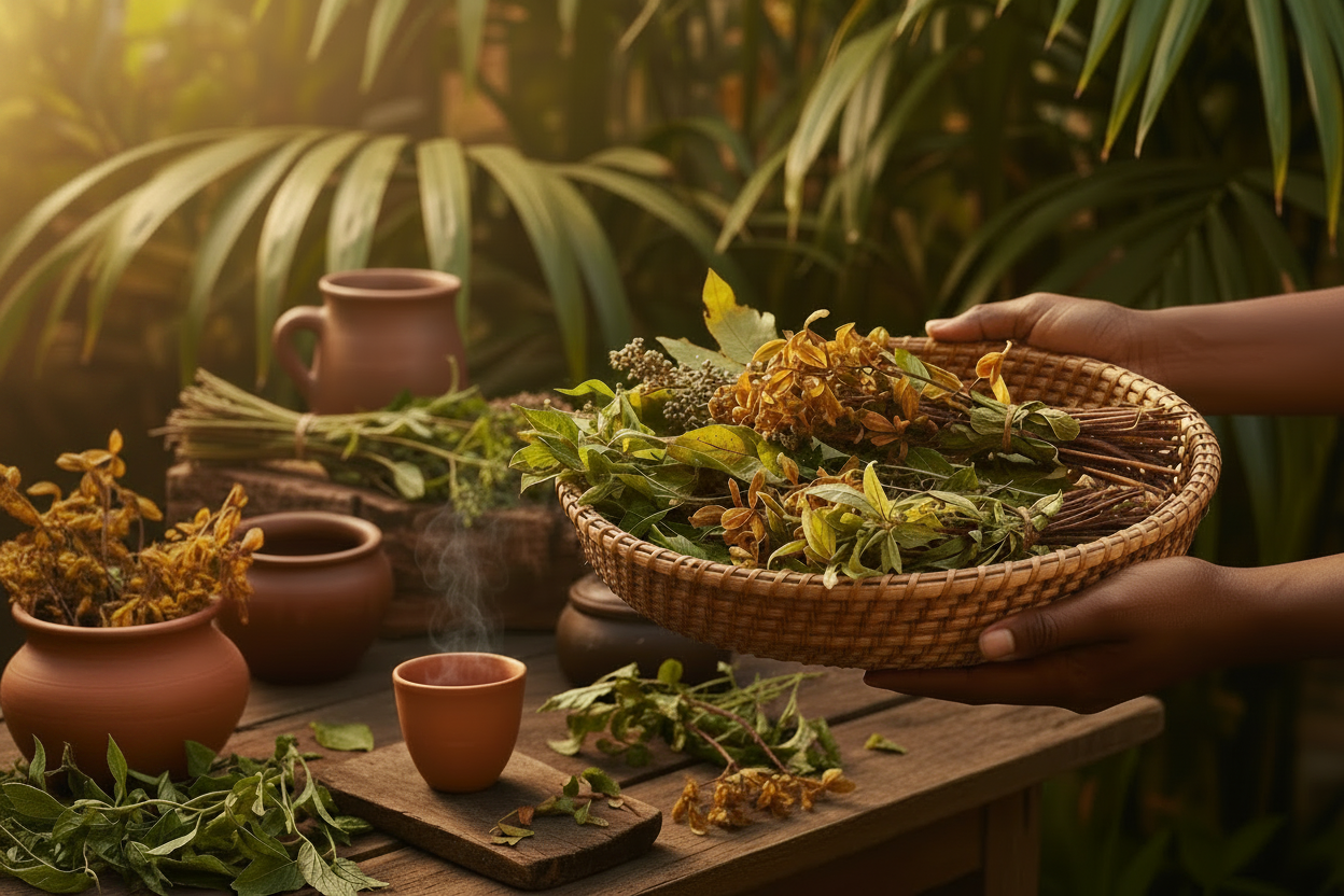 Herbal materials on a table with a woven basket and cups, surrounded by green plants.