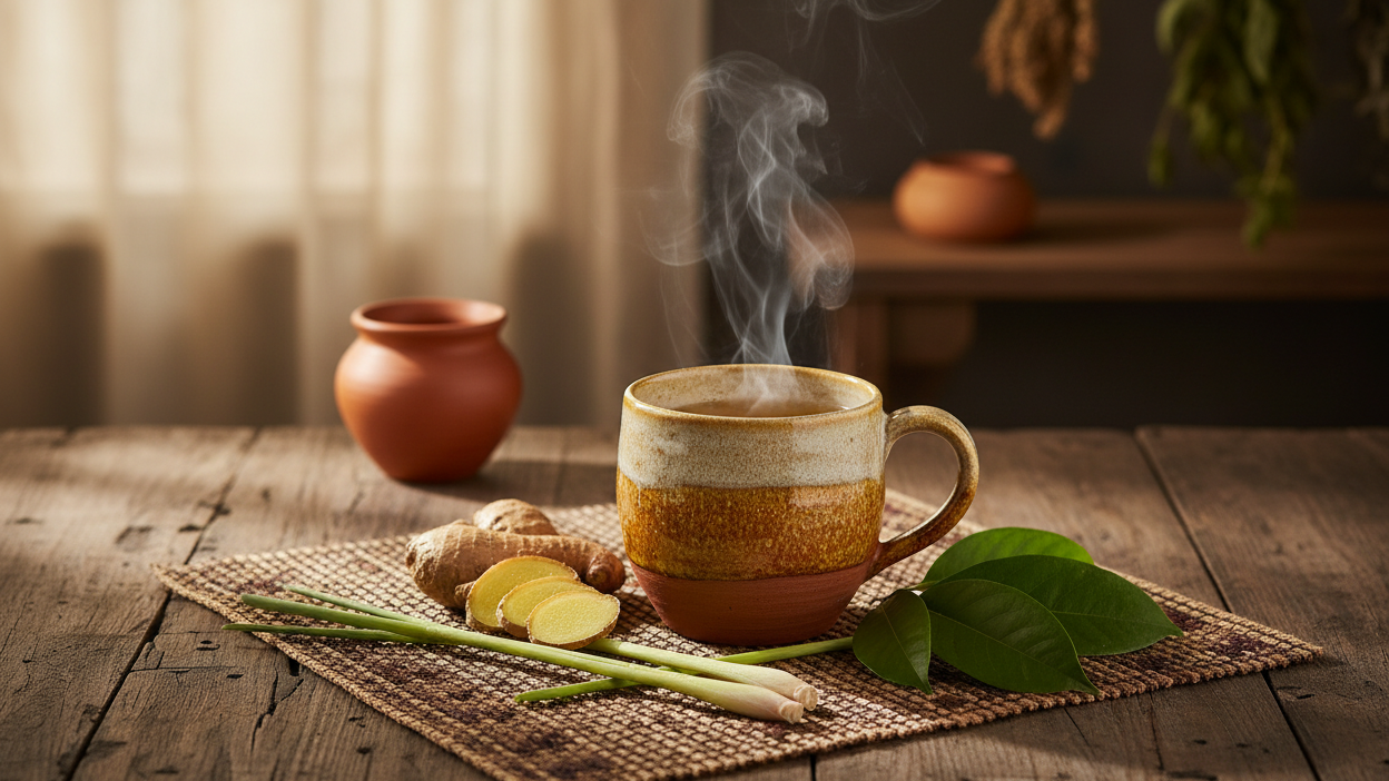 Steaming mug on a wooden table with ginger and leaves