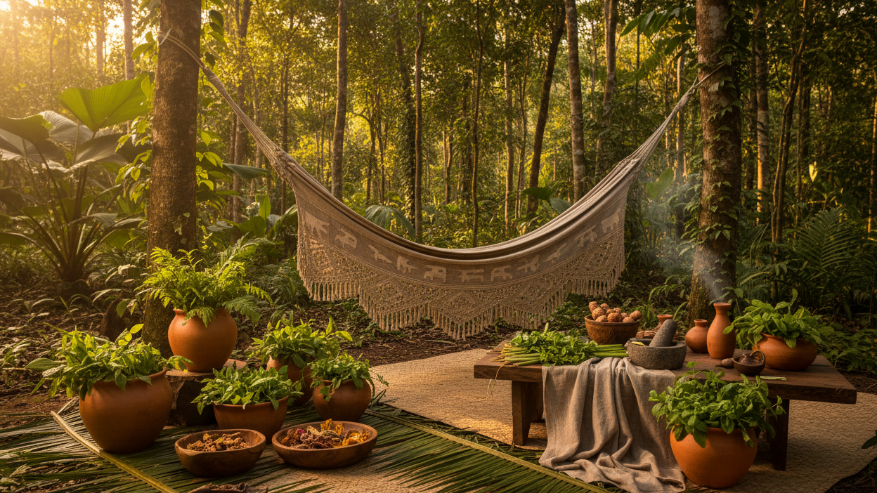 Hammock in a forest setting with a table and plants