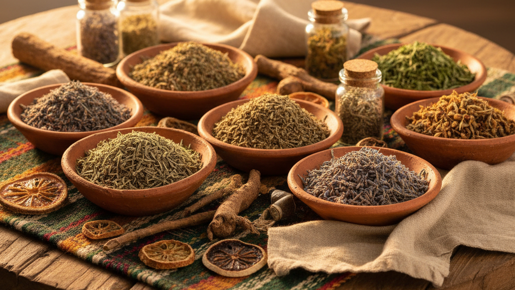 Spices and herbs in bowls on a wooden table with a warm, rustic background.