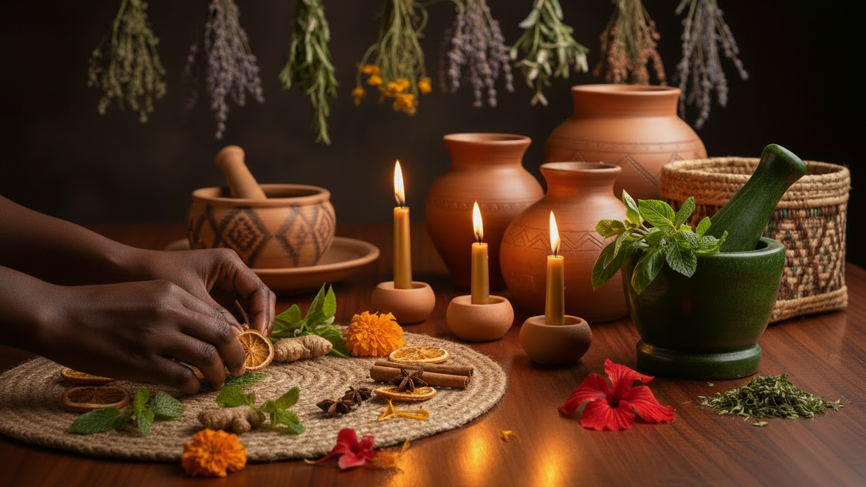 Herbal setup with pots, candles, and herbs on a wooden surface